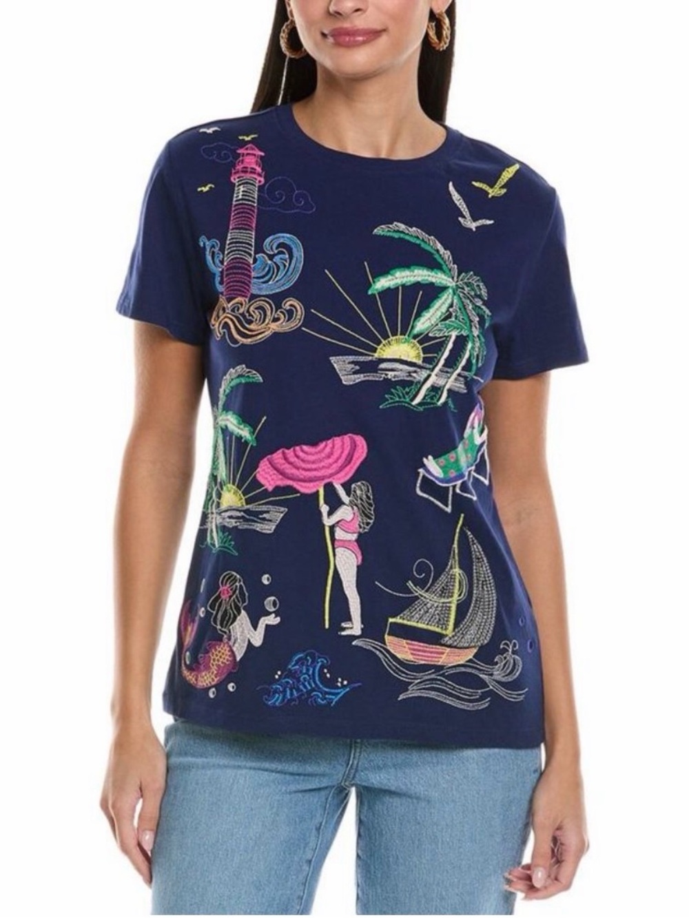 Johnny Was Womens Travel T-Shirt Beach Lighthouse Mermaid NWT Small